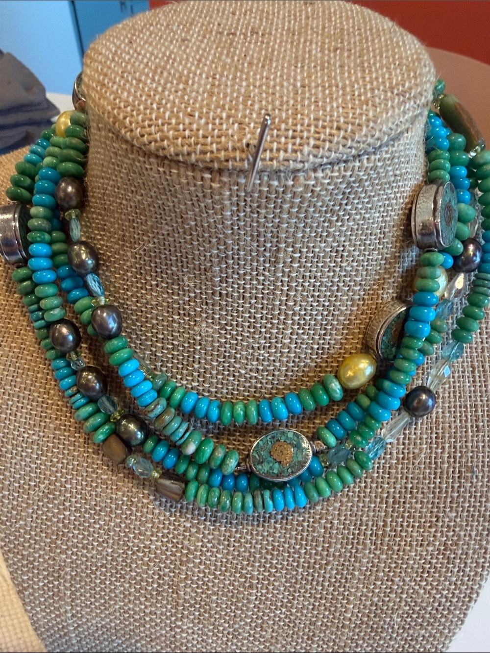 Artisan Turquoise natural Beaded Necklace - Sterling, quality wire strung